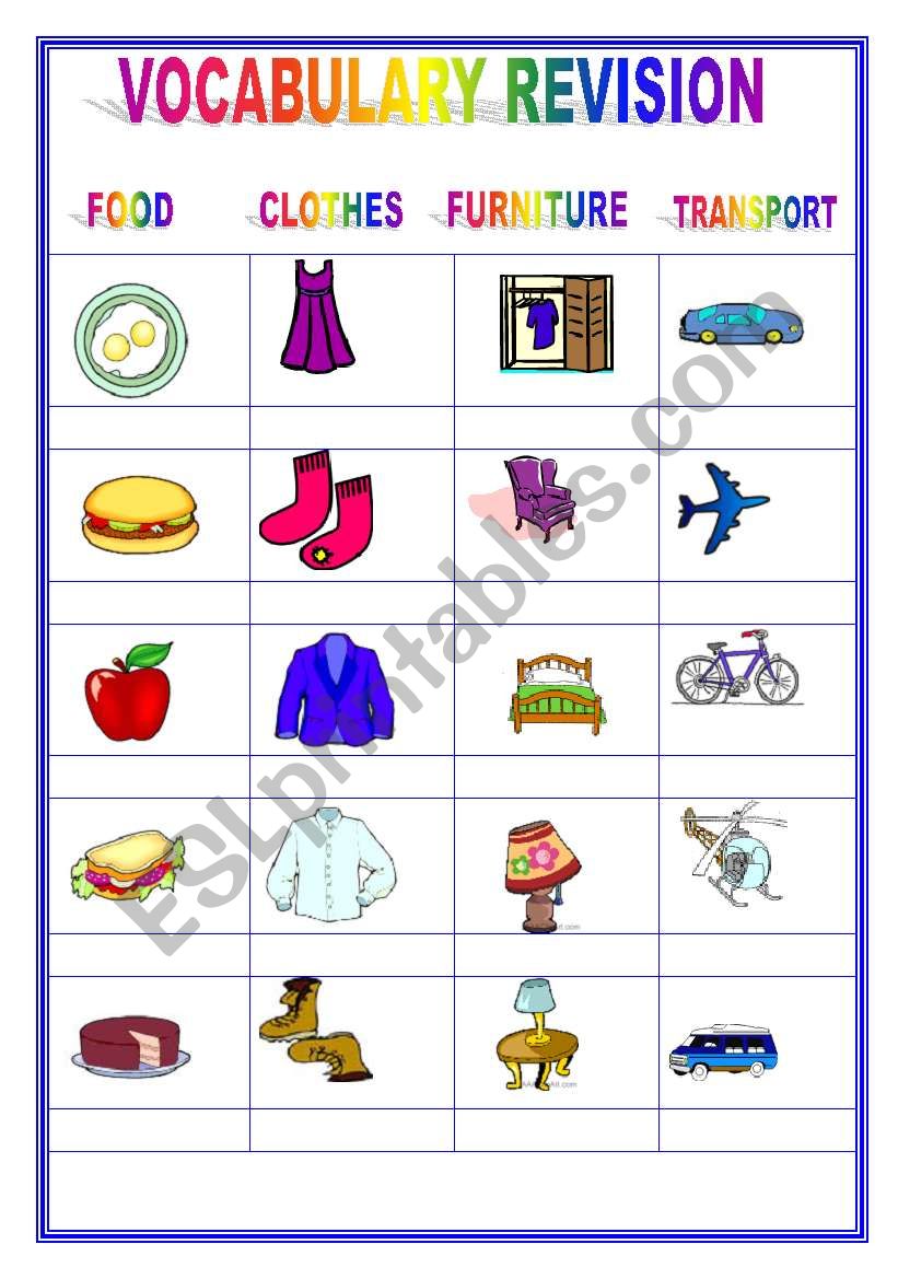 Vocabulary  revision worksheet