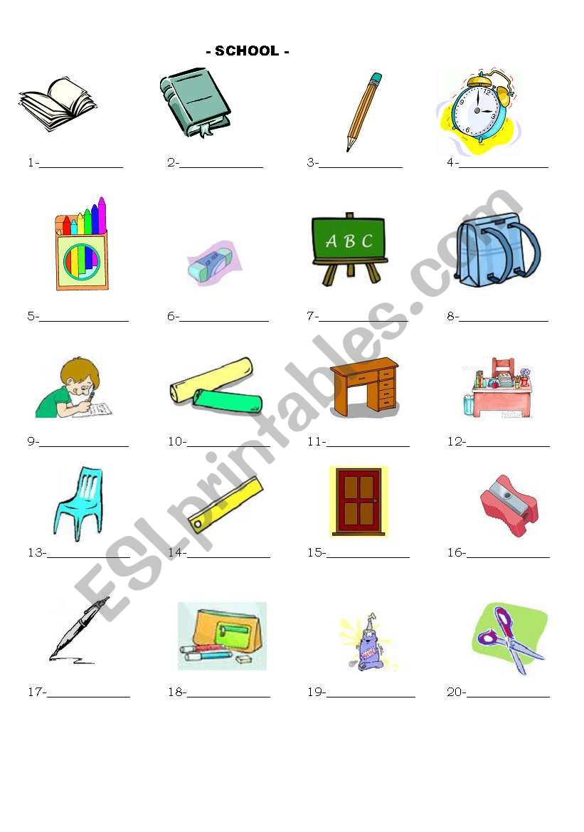 school objects worksheet