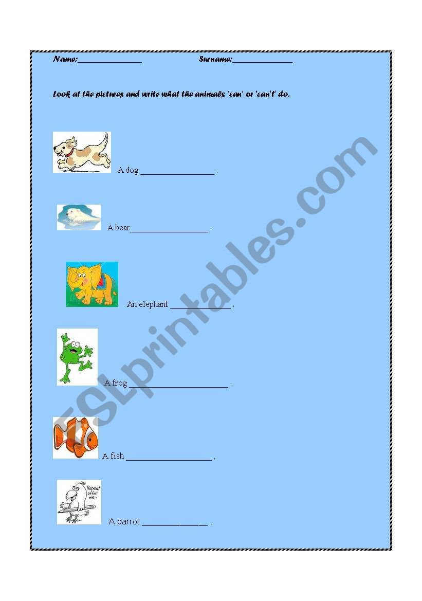can/cant animals abilities worksheet