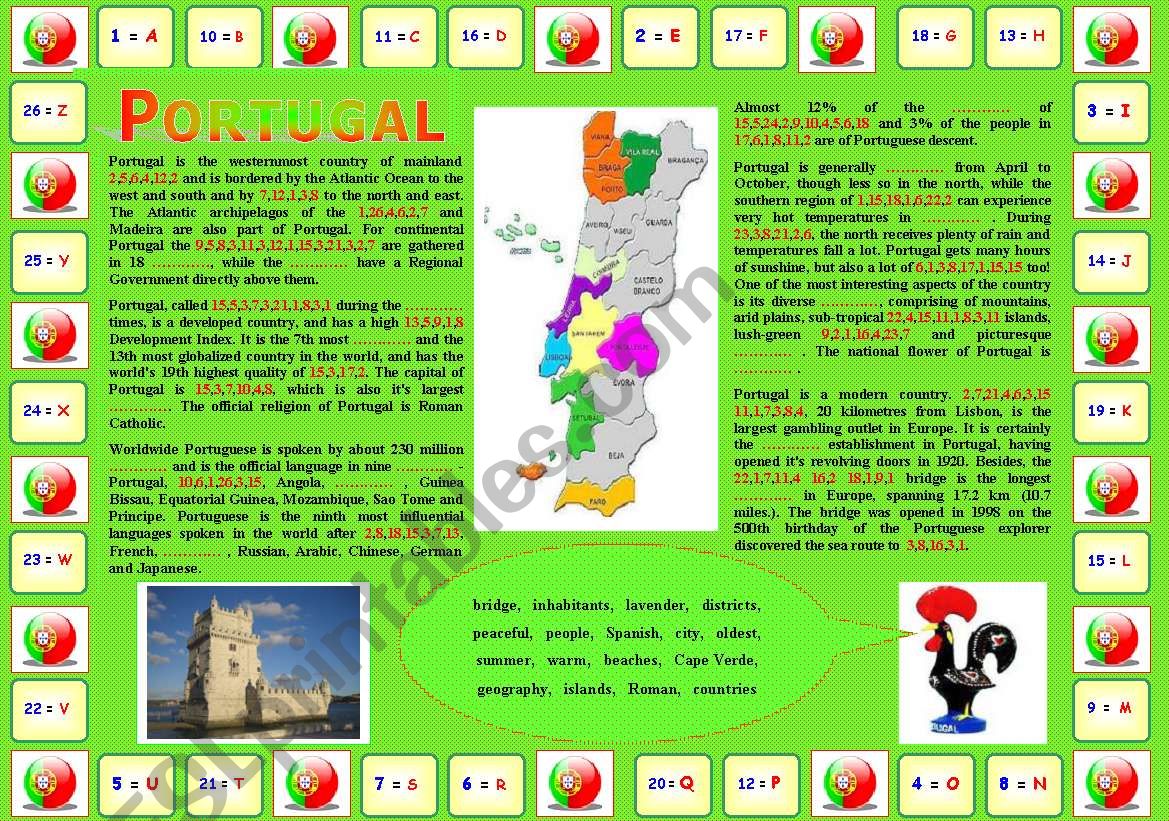 Portugal Ã© um paÃ­s muito bonito (Portugal is a very beautiful country): Encrypted & Complete-the-gaps activities + Comprehension questions (2 pages)