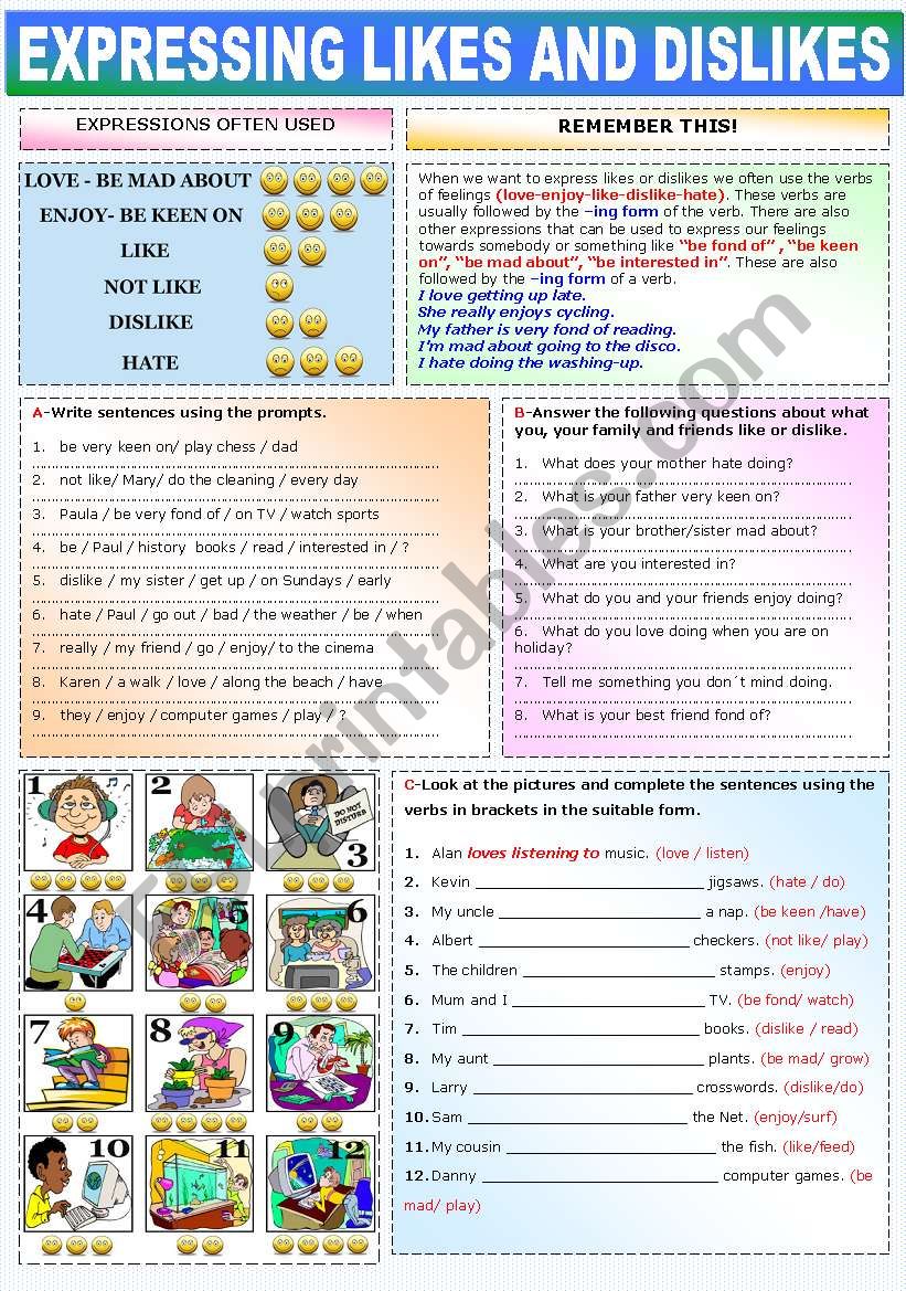 EXPRESSING LIKES AND DISLIKES worksheet