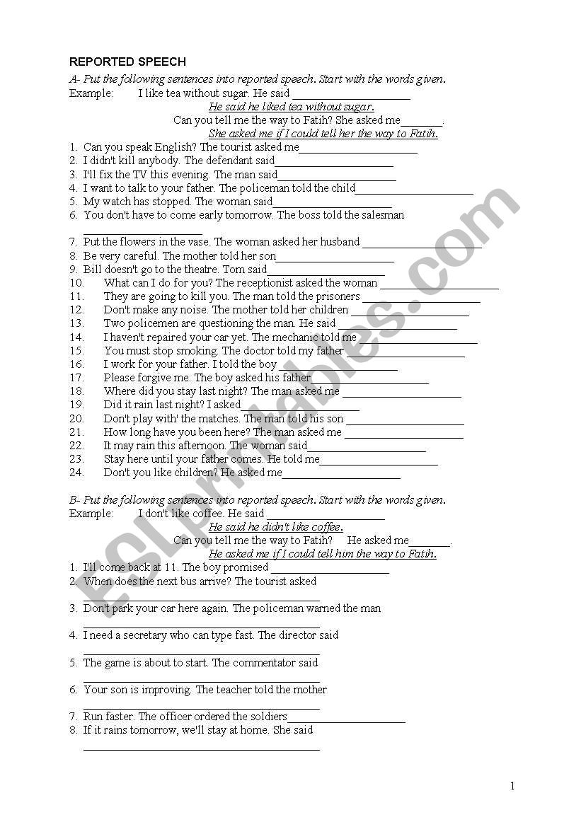 reported speech exercise worksheet