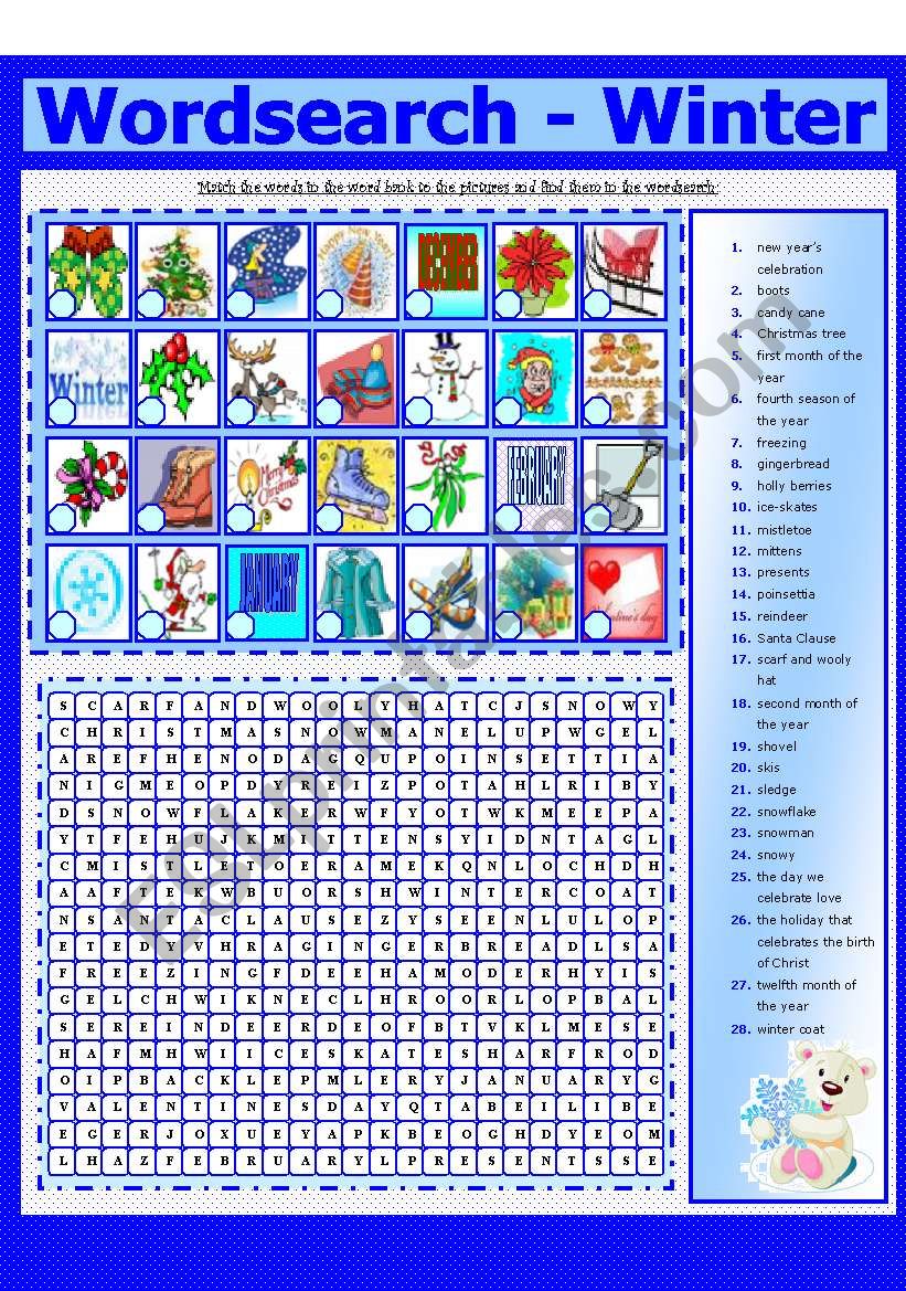 WORDSEARCH - WINTER (8 - 8) worksheet