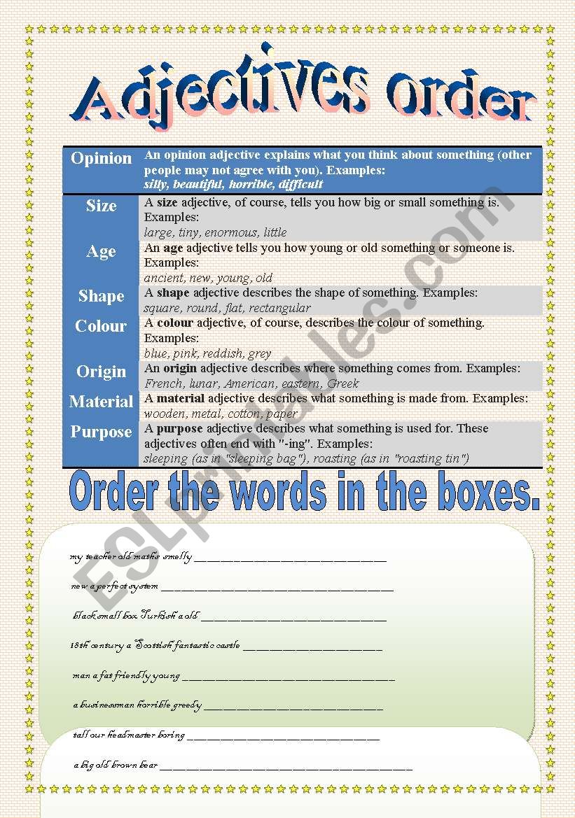 Adjective Order ESL Worksheet By MALINKA