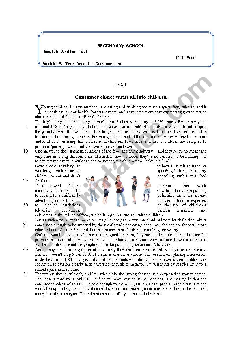 Test on Teens and Consumerism worksheet