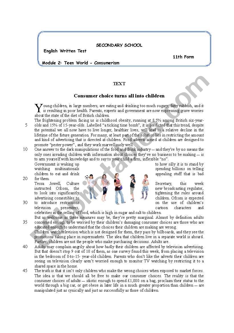 Test on Teens and Consumerism worksheet