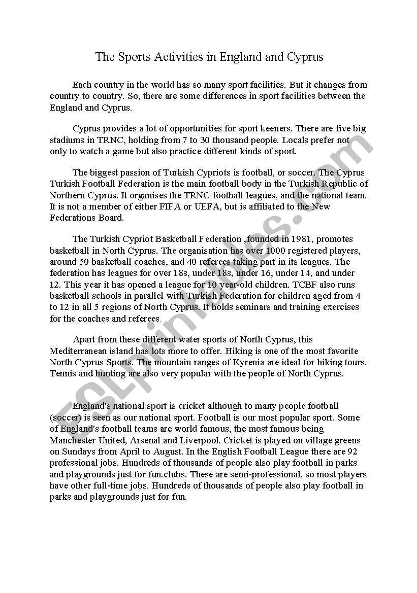 Sports in England worksheet