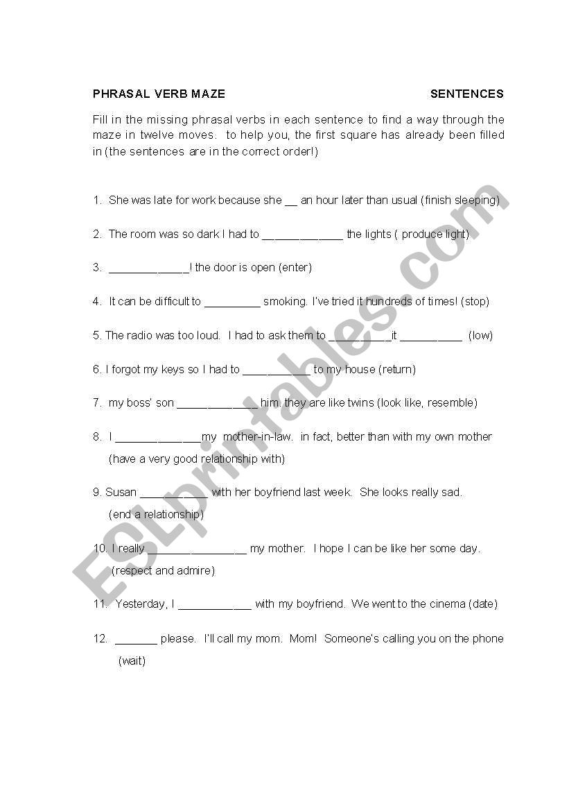 PHRASAL VERB MAZE part two worksheet