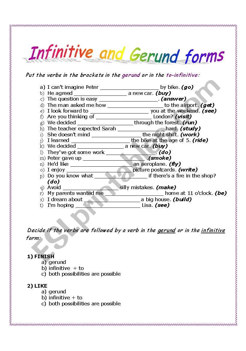 Infinitive and Gerund Forms worksheet