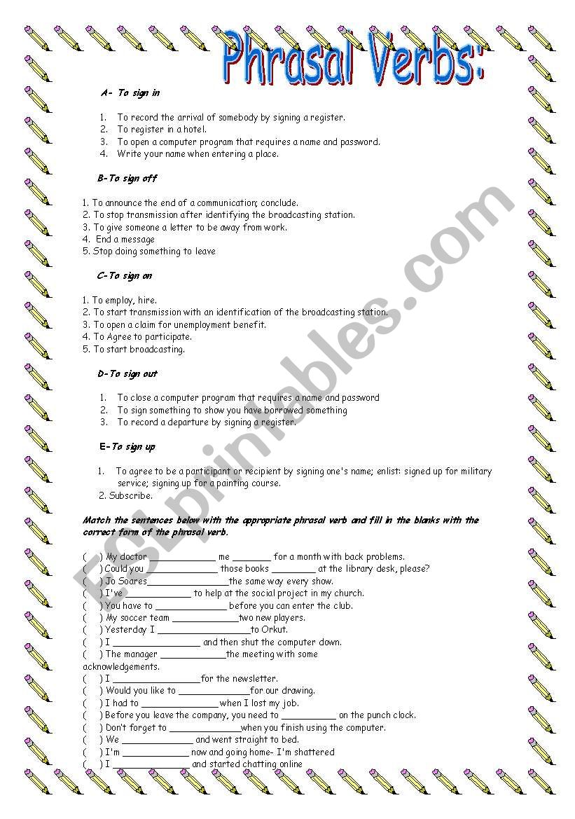 Phrasal verbs with sign worksheet