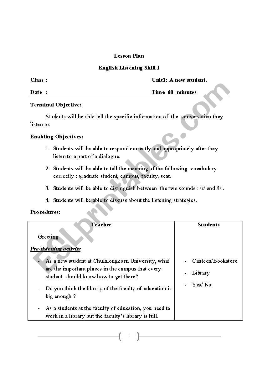 A new student worksheet