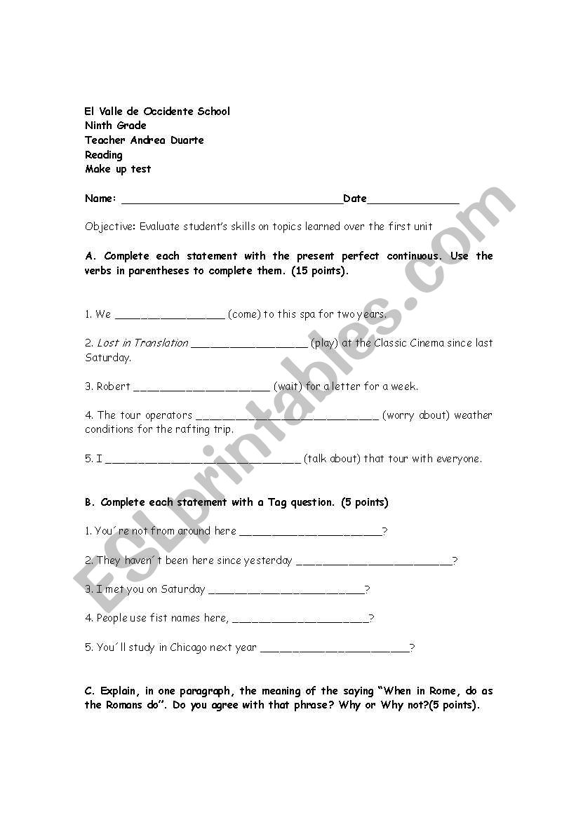 Speaking Test worksheet