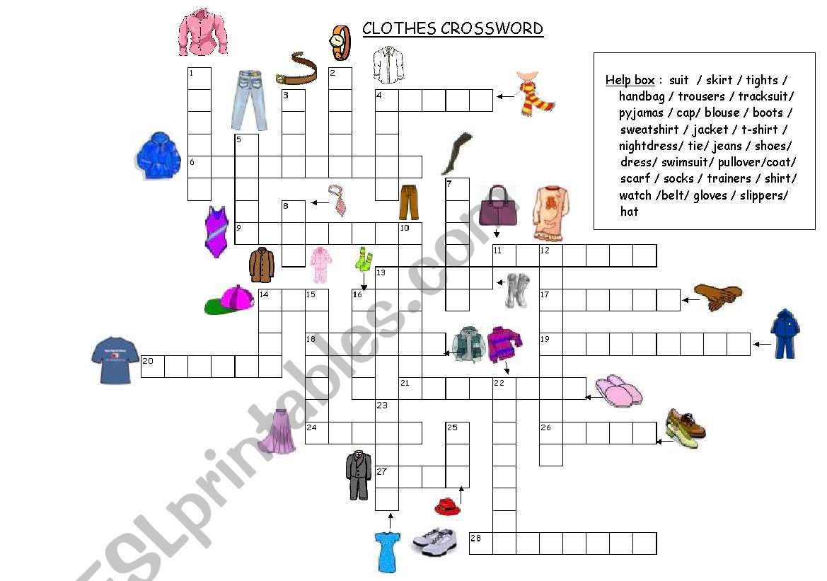 Clothes crossword worksheet