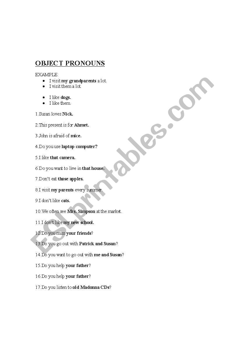 OBJECT PRONOUNS worksheet