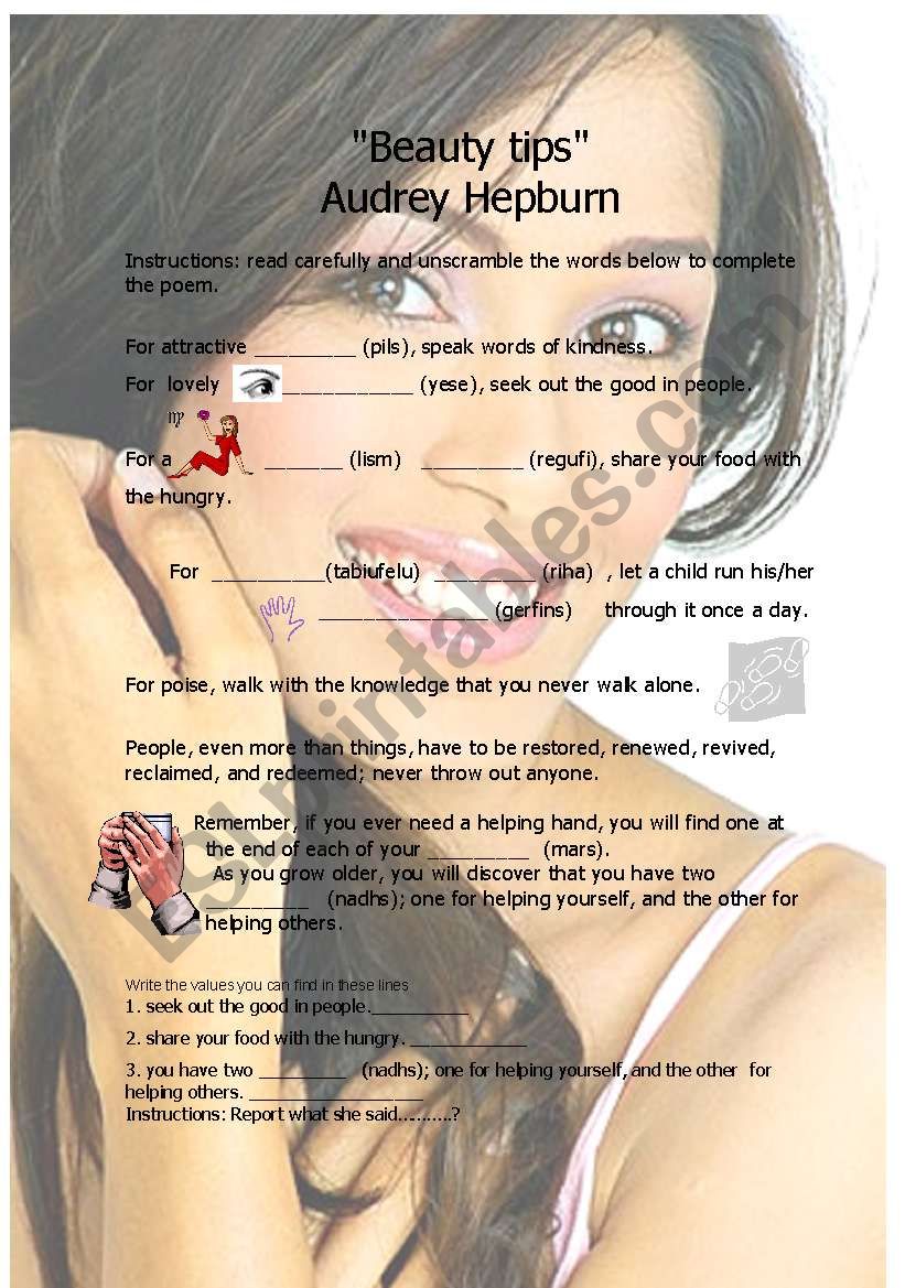 BEAUTY TIPS POEM worksheet