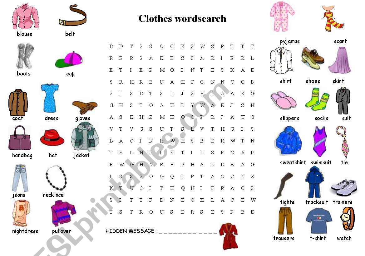 Clothes wordsearch worksheet