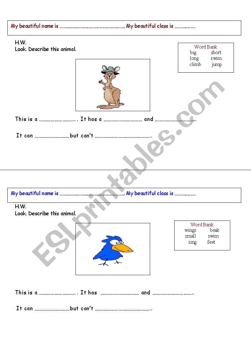 Look. Describe the animal. 2pages worksheet