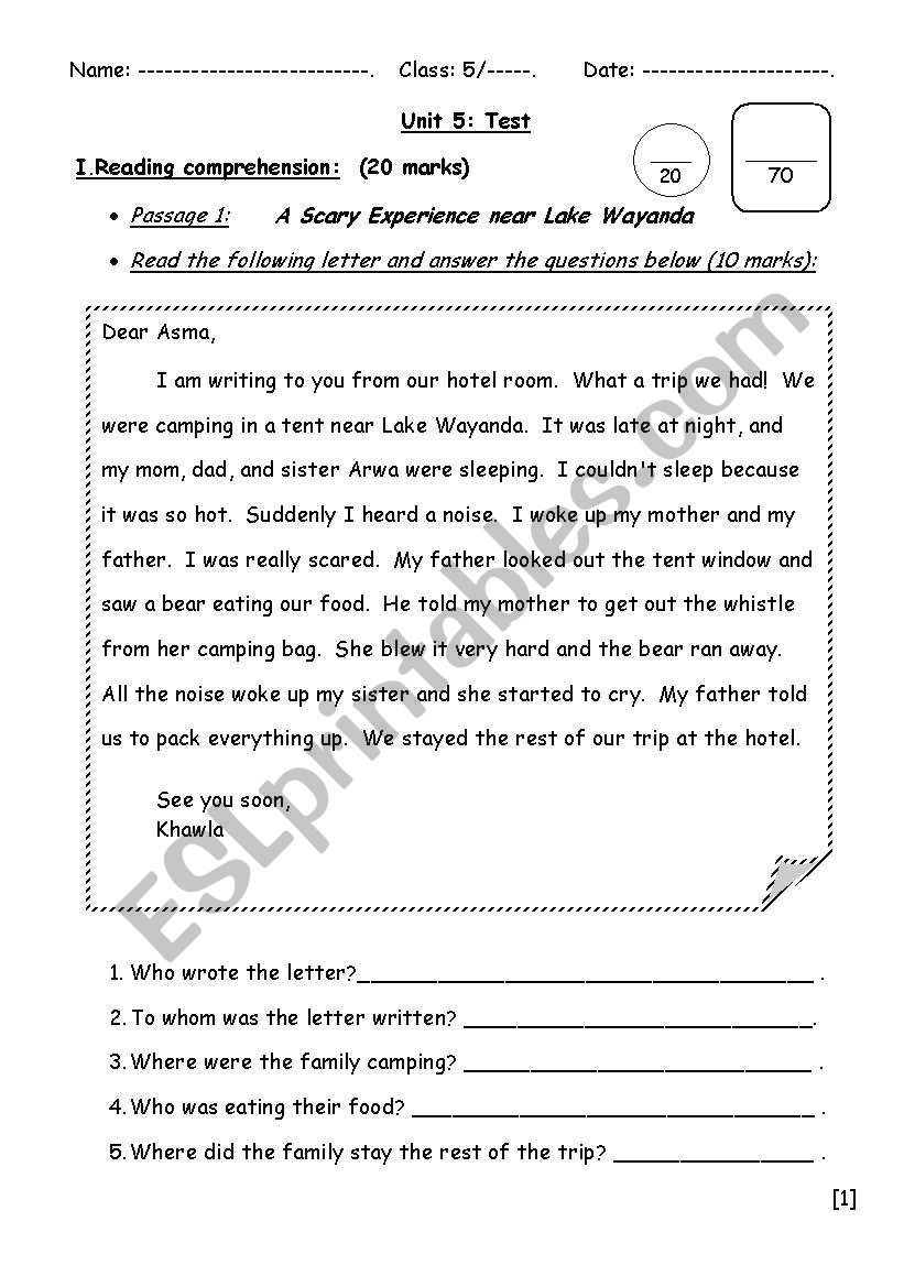 Reading, vocab and grammar test