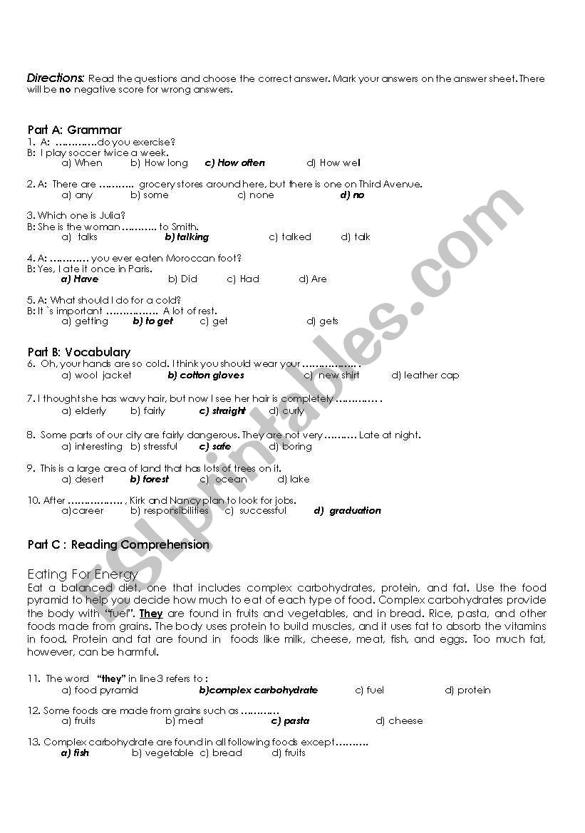 Achievement test worksheet