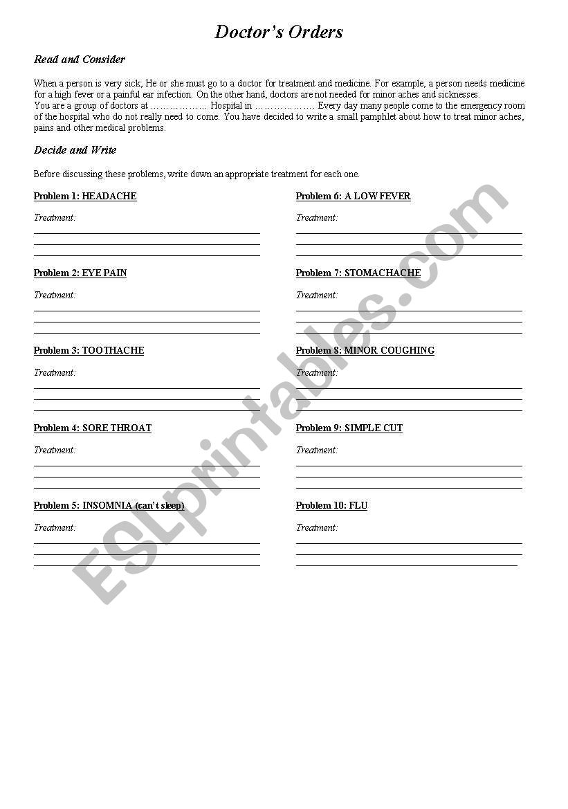 Health Problems worksheet