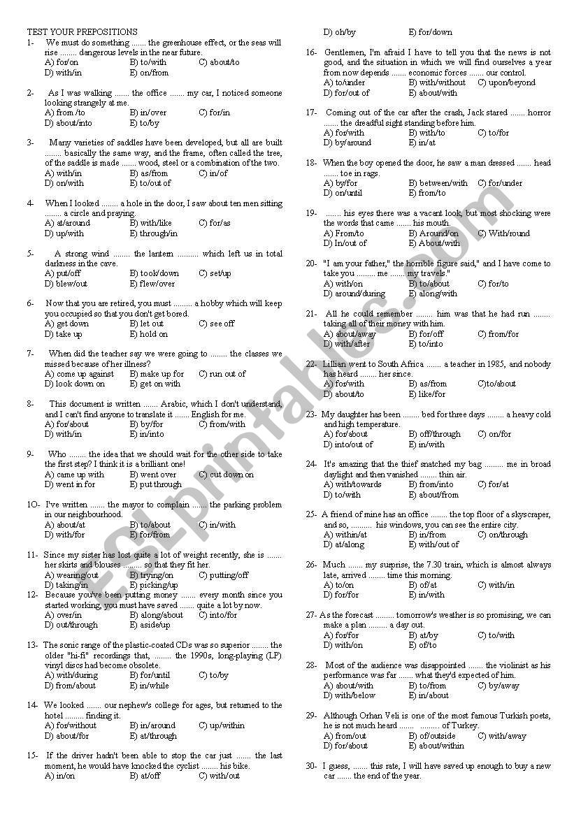 test your prepositions  worksheet