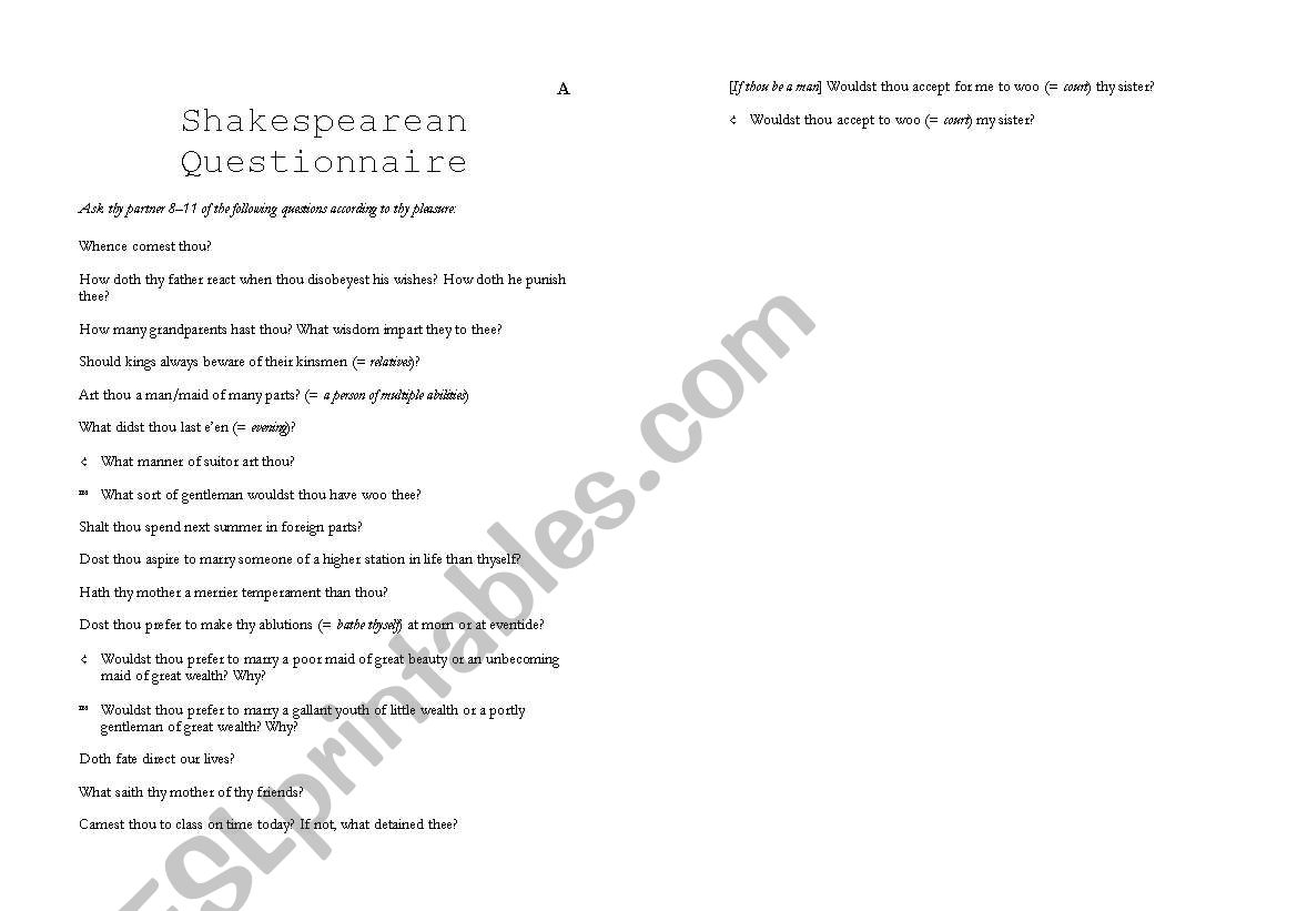 Shakespearean Questionnaire worksheet