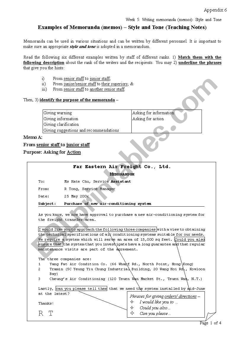 Examples of Memoranda (memos) ¡V Style and Tone
