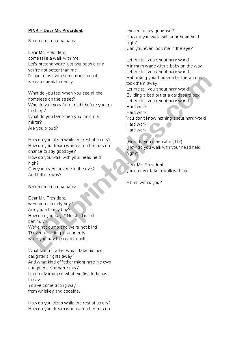 P!NK - Dear Mr. President worksheet