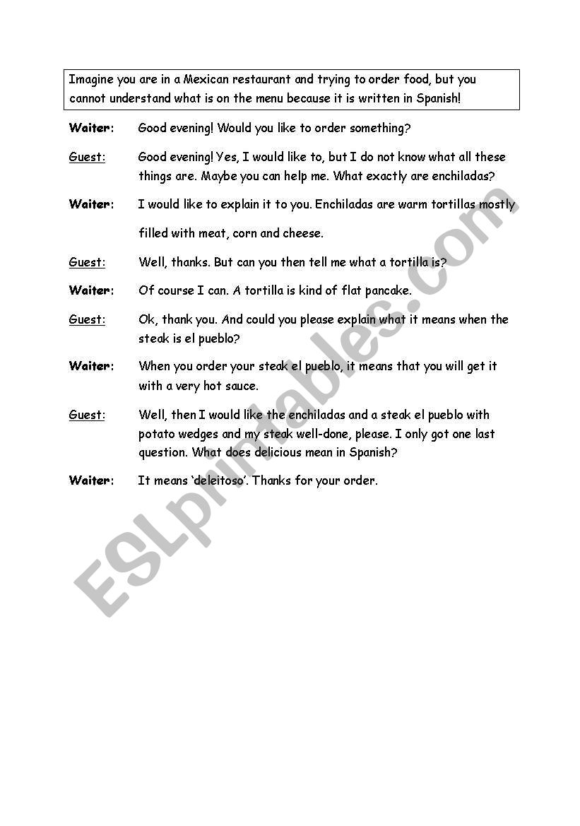 In a Mexican restaurant worksheet