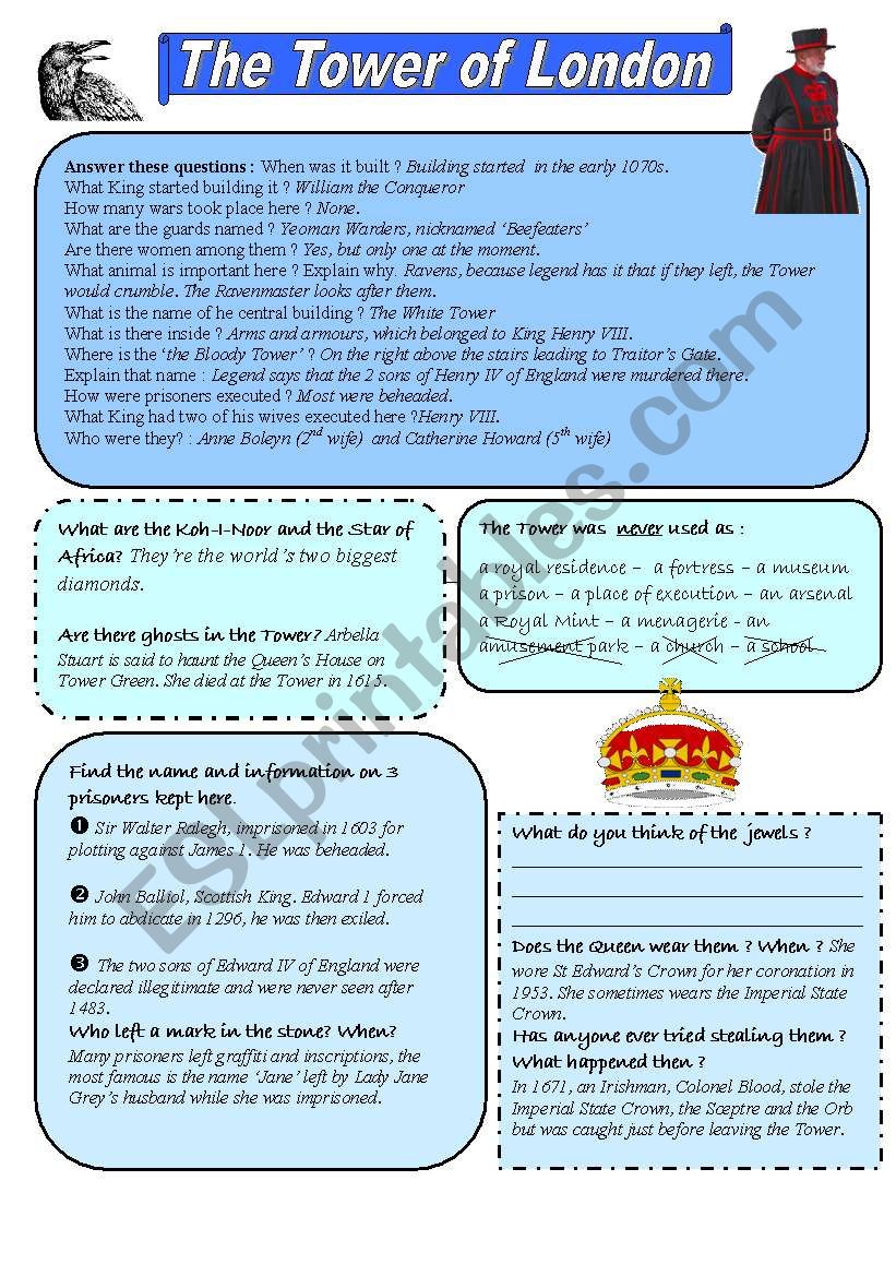 Tower of London - answer key worksheet