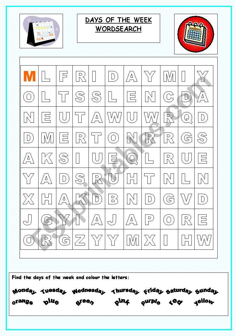 Days of the week wordsearch worksheet