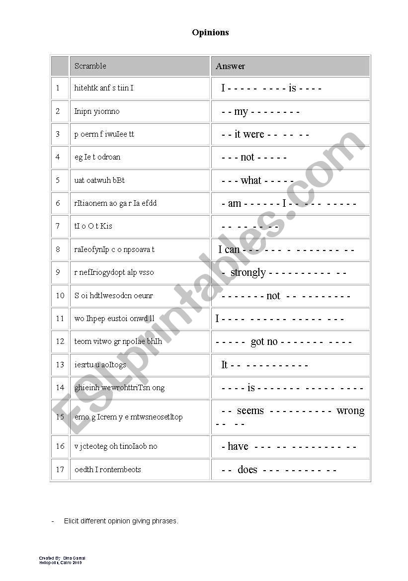 Giving Opinion worksheet