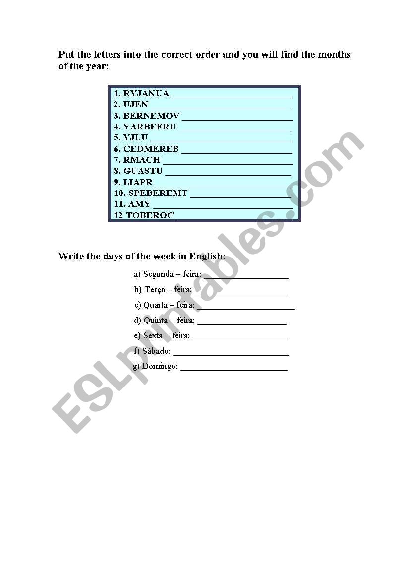 The days of the week worksheet