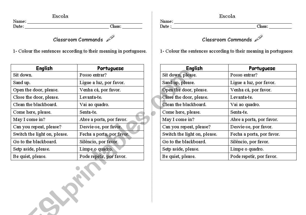 classroom commands worksheet