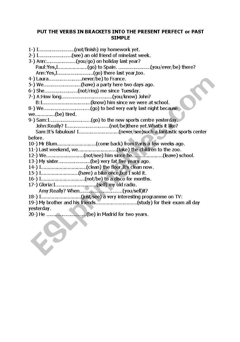 simple past&present perfect worksheet