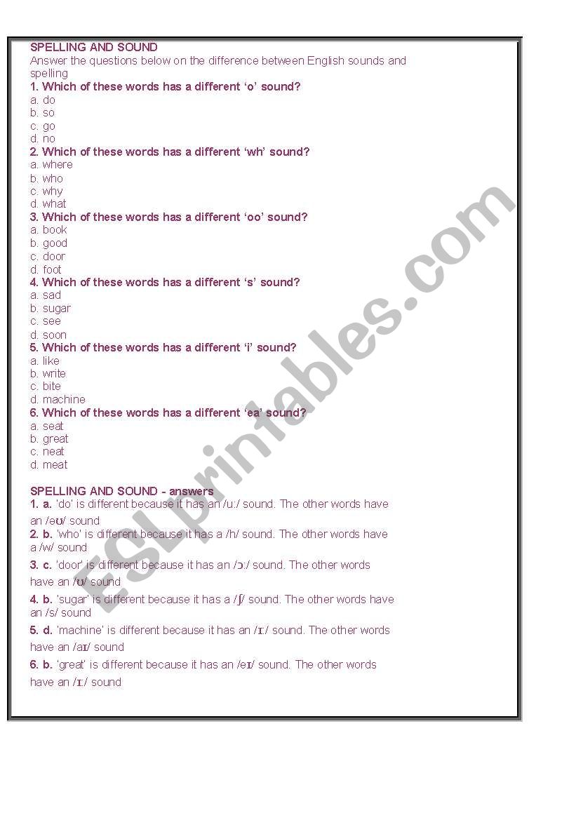 Spelling and sounds worksheet