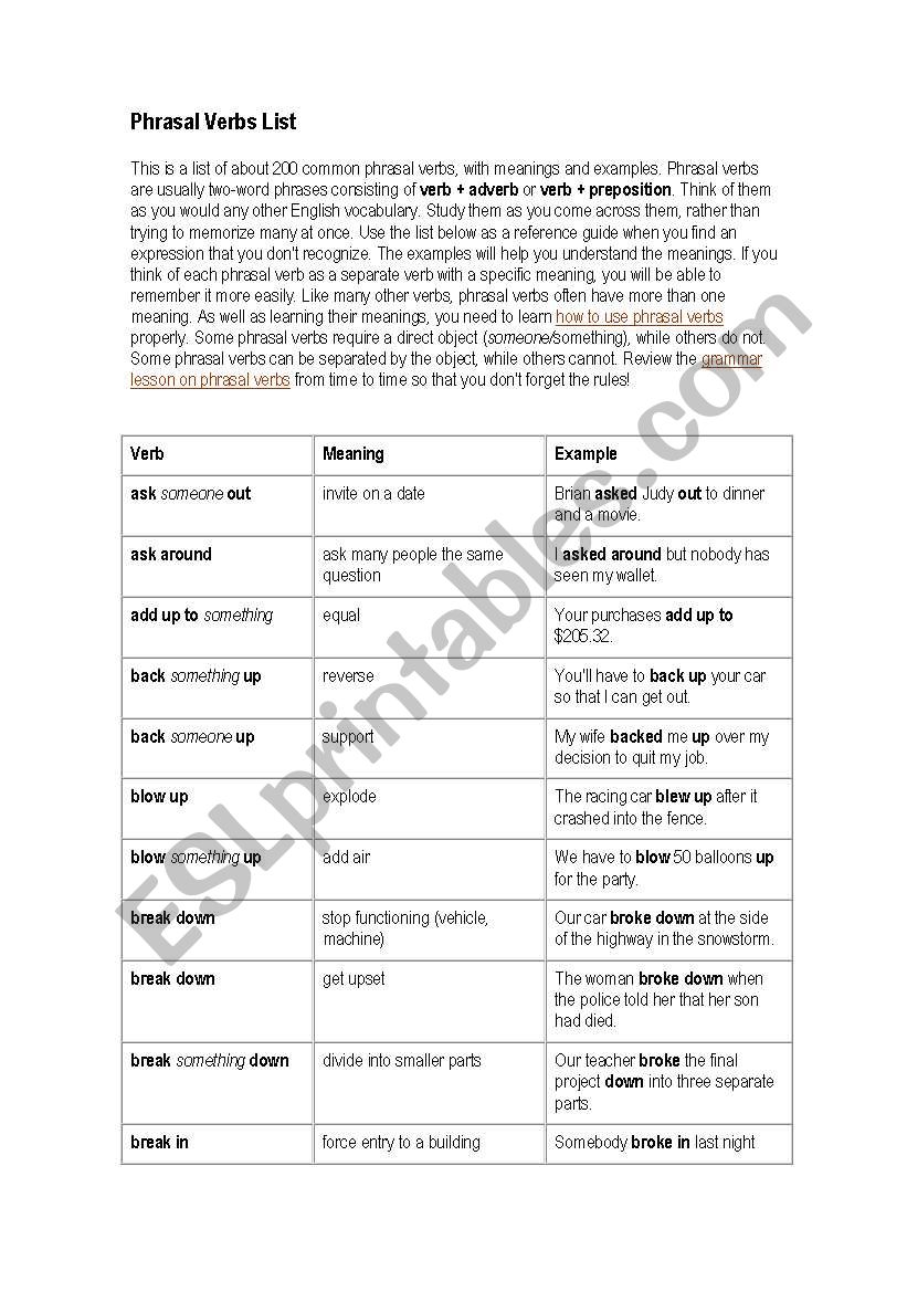 phrasal verbs list worksheet