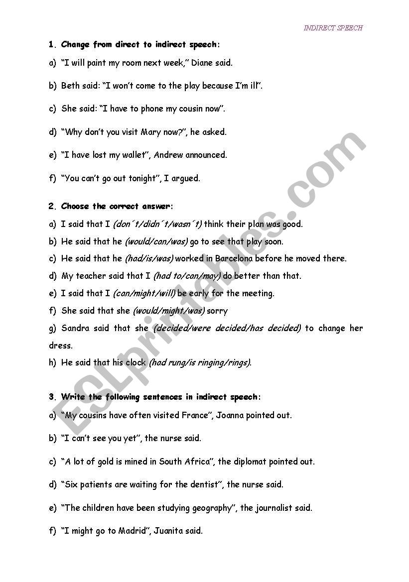 Reported Speech Activities worksheet