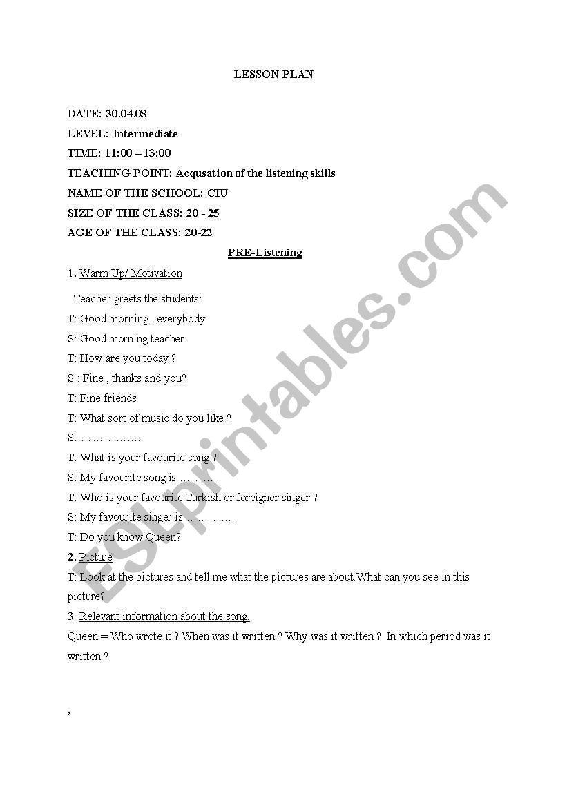 listening lesson plan worksheet