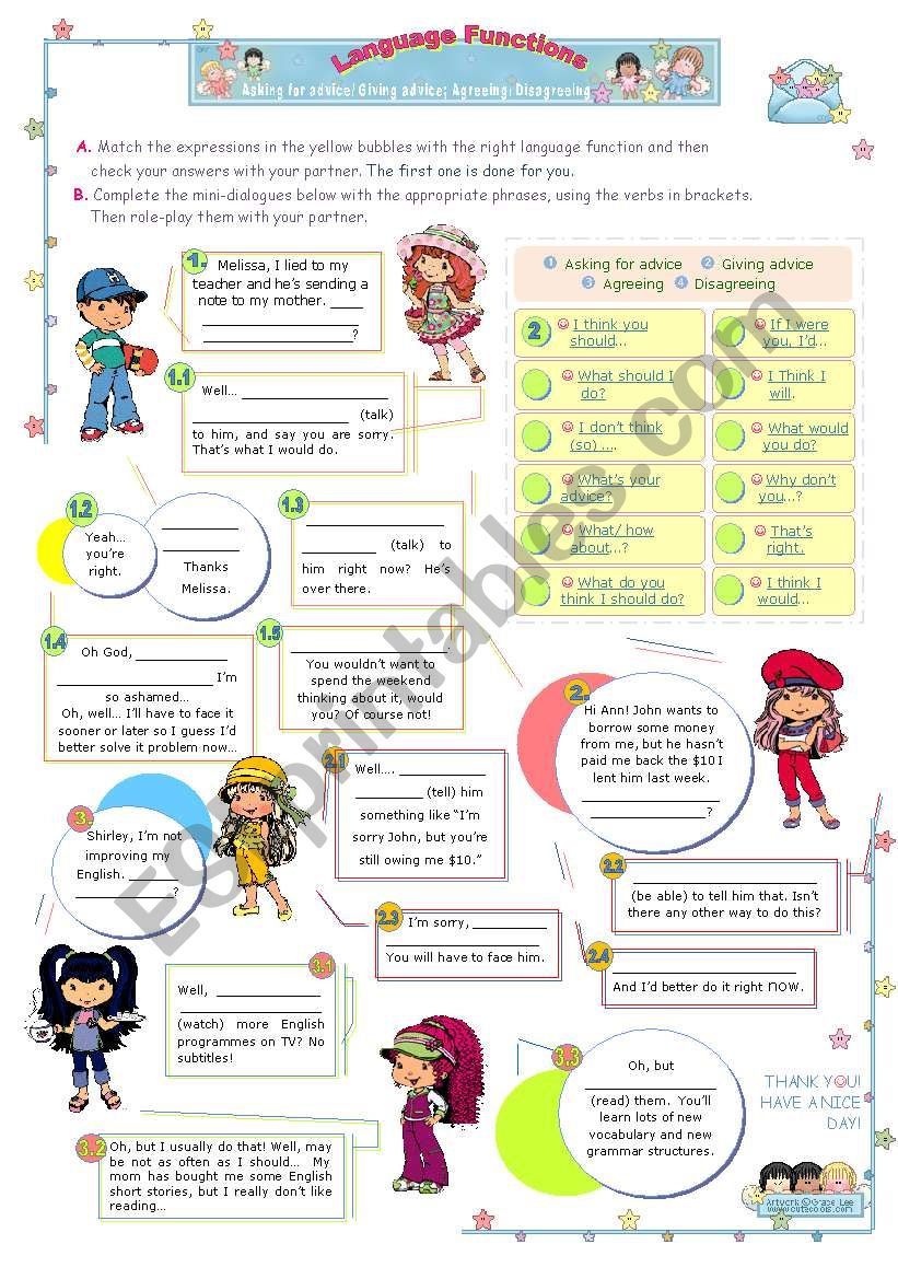 Language Functions (4th in the series)  - Mini Dialogues (Asking for/giving advice + Agreeing/disagreeing) for Upper elementary and Intermediate students
