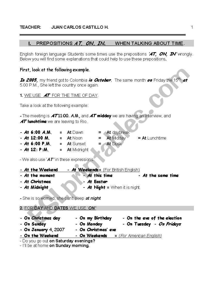 PREPOSITIONS AT - ON - IN worksheet