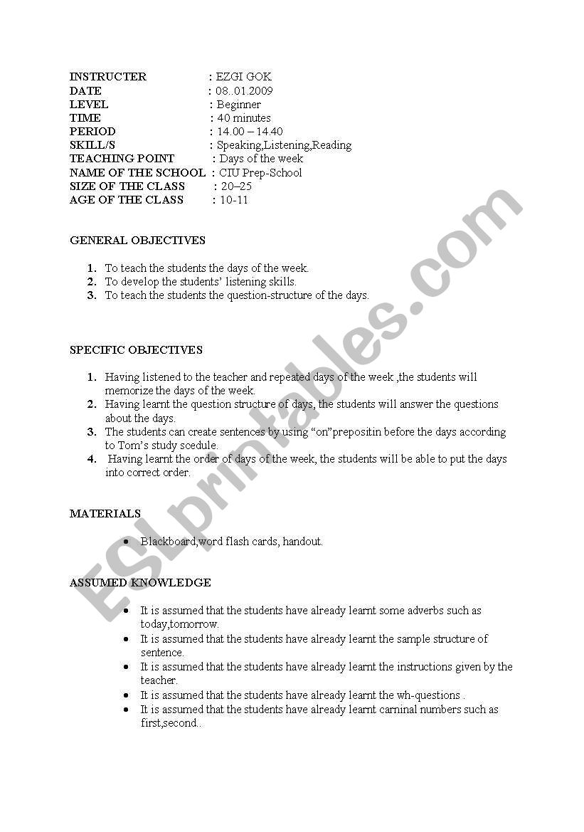 days of the week worksheet