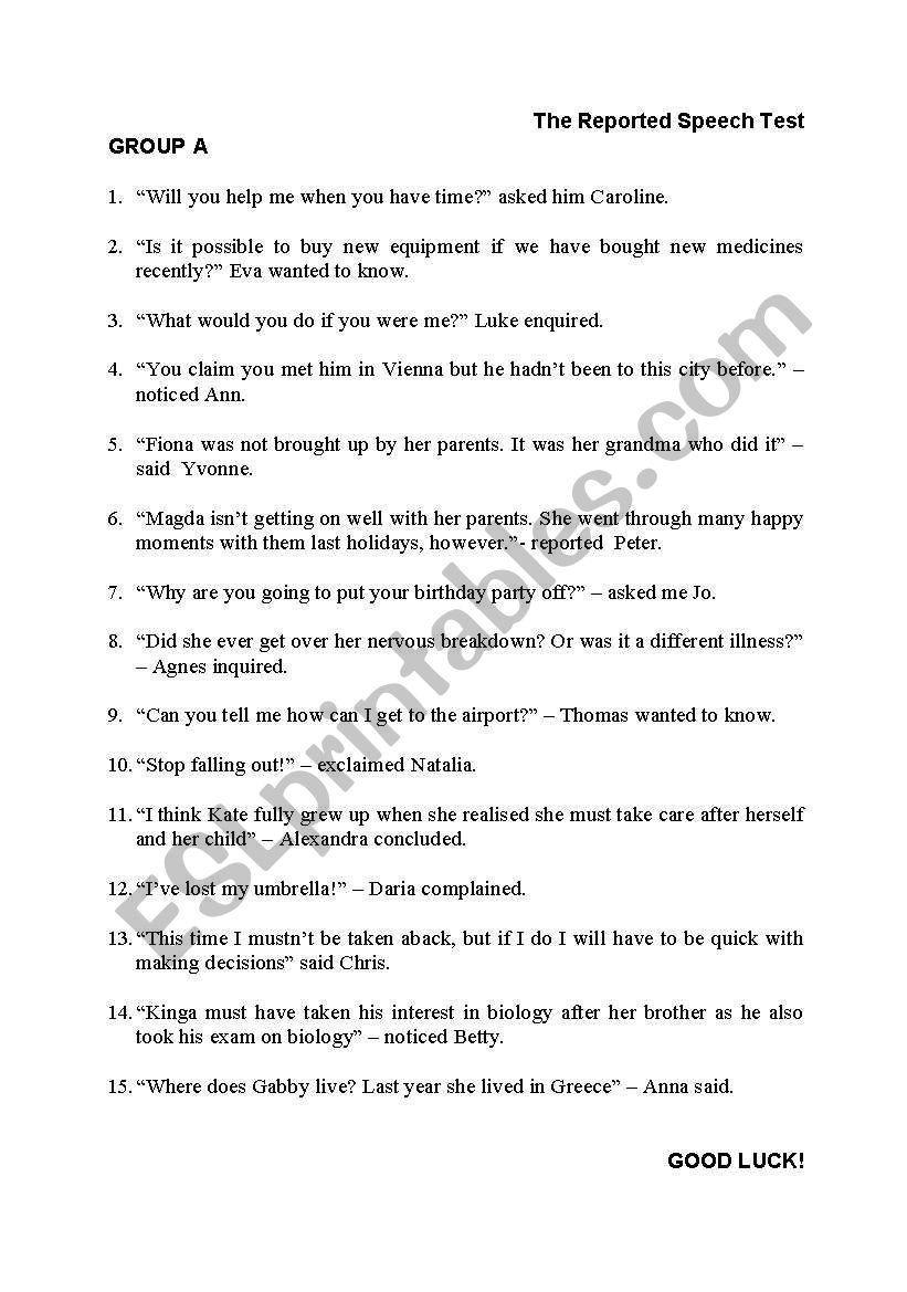Reported Speech Test for Group A and Group B (Transformations)