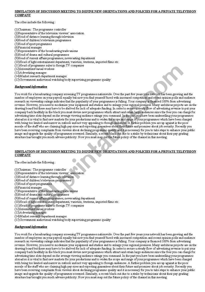 ROLE PLAY/SIMULATION ON RUNNING A TV  STATION