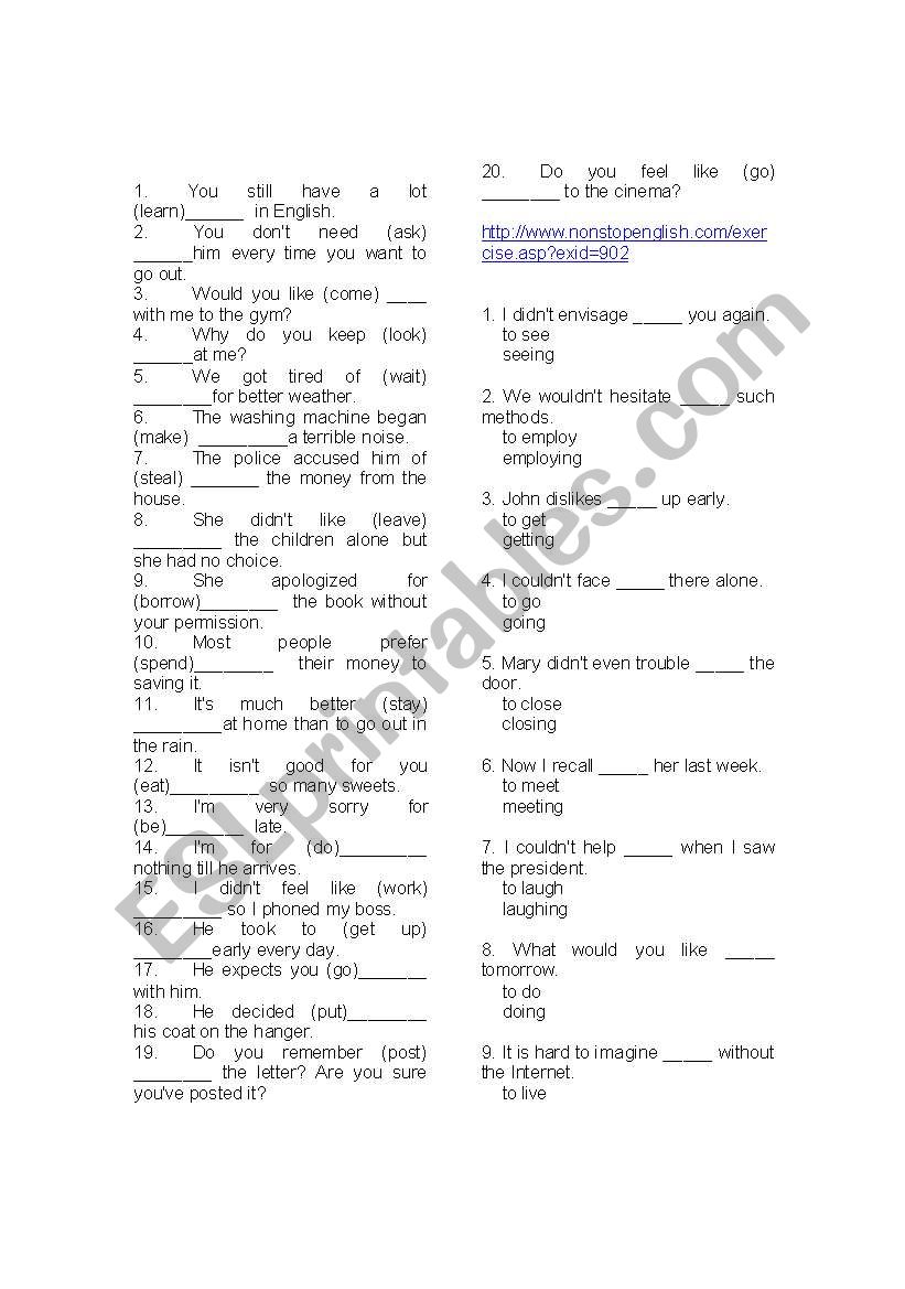 gerund/ infinitive worksheet