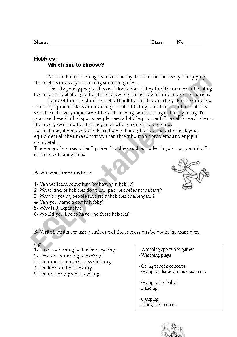 Young people n hobbies worksheet