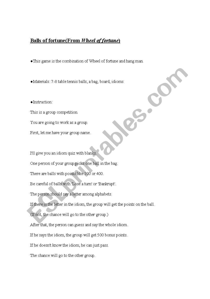 Balls of fortune worksheet