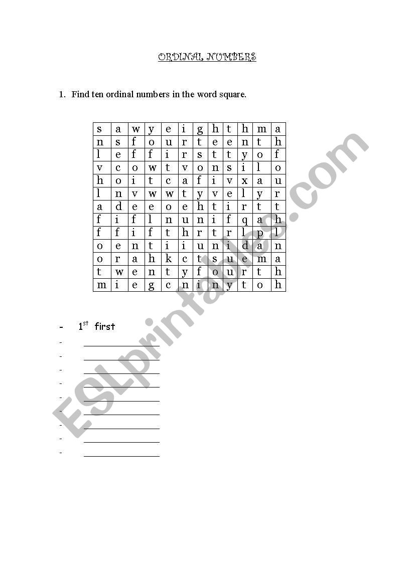 Ordinal Numbers worksheet