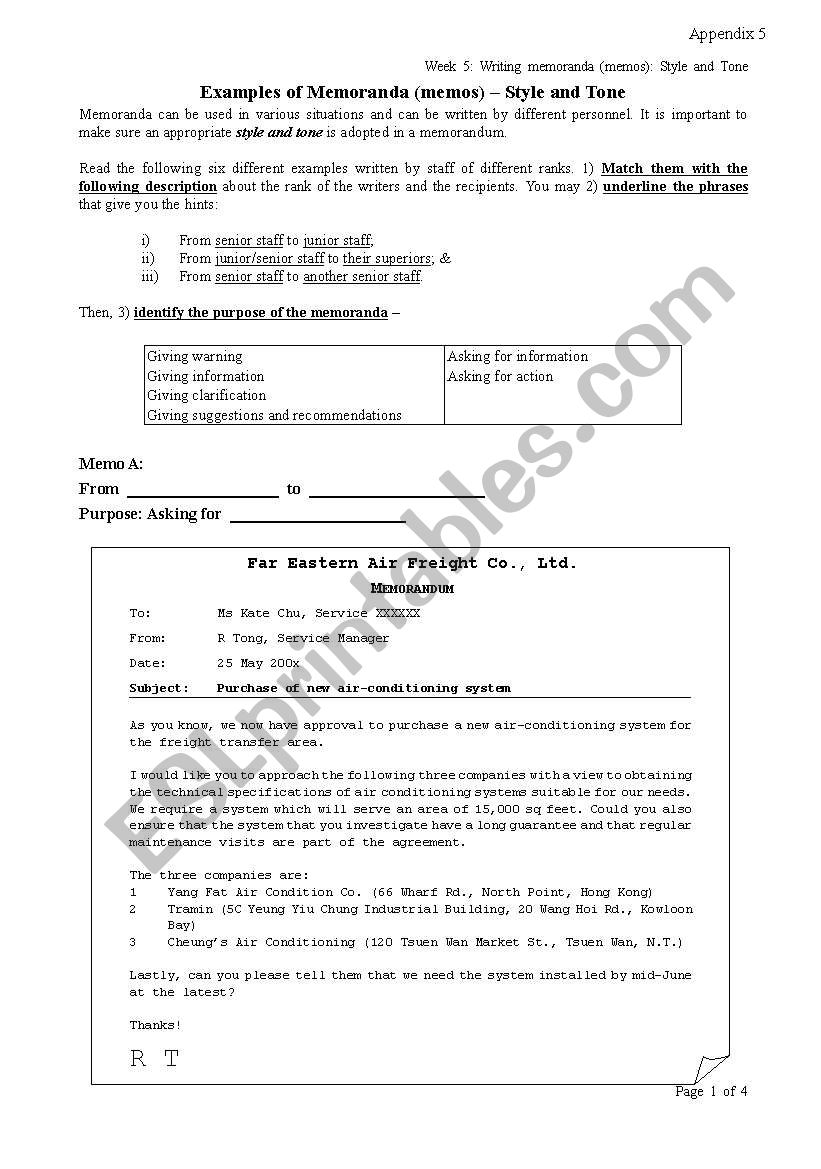 Examples of Memoranda (memos) V Style and Tone (Exercise Version)