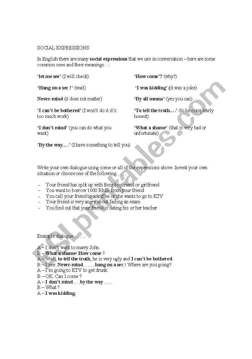 social expressions worksheet